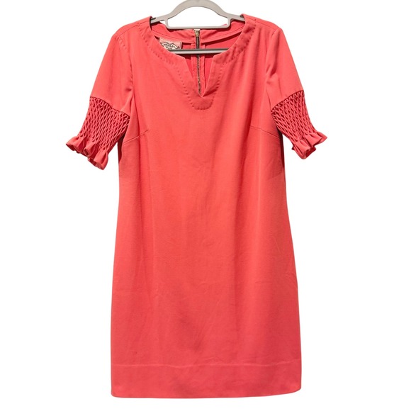 Phoebe Couture Coral Dress Size 6 Smocked Sleeves V Neck Party Cocktail - Picture 1 of 8